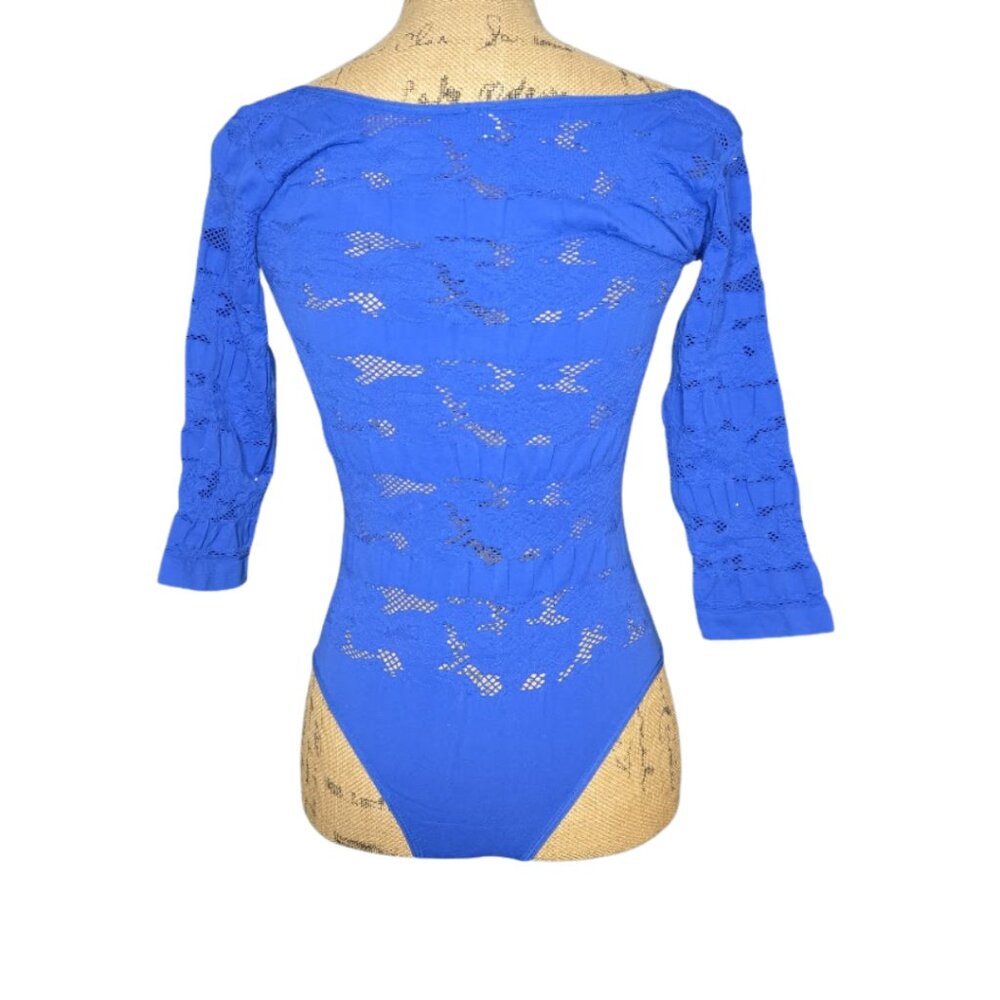 NWT Nordstrom Poof Royal blue leotard three-quarter length sleeves Bodysuit M/L - Picture 8 of 10